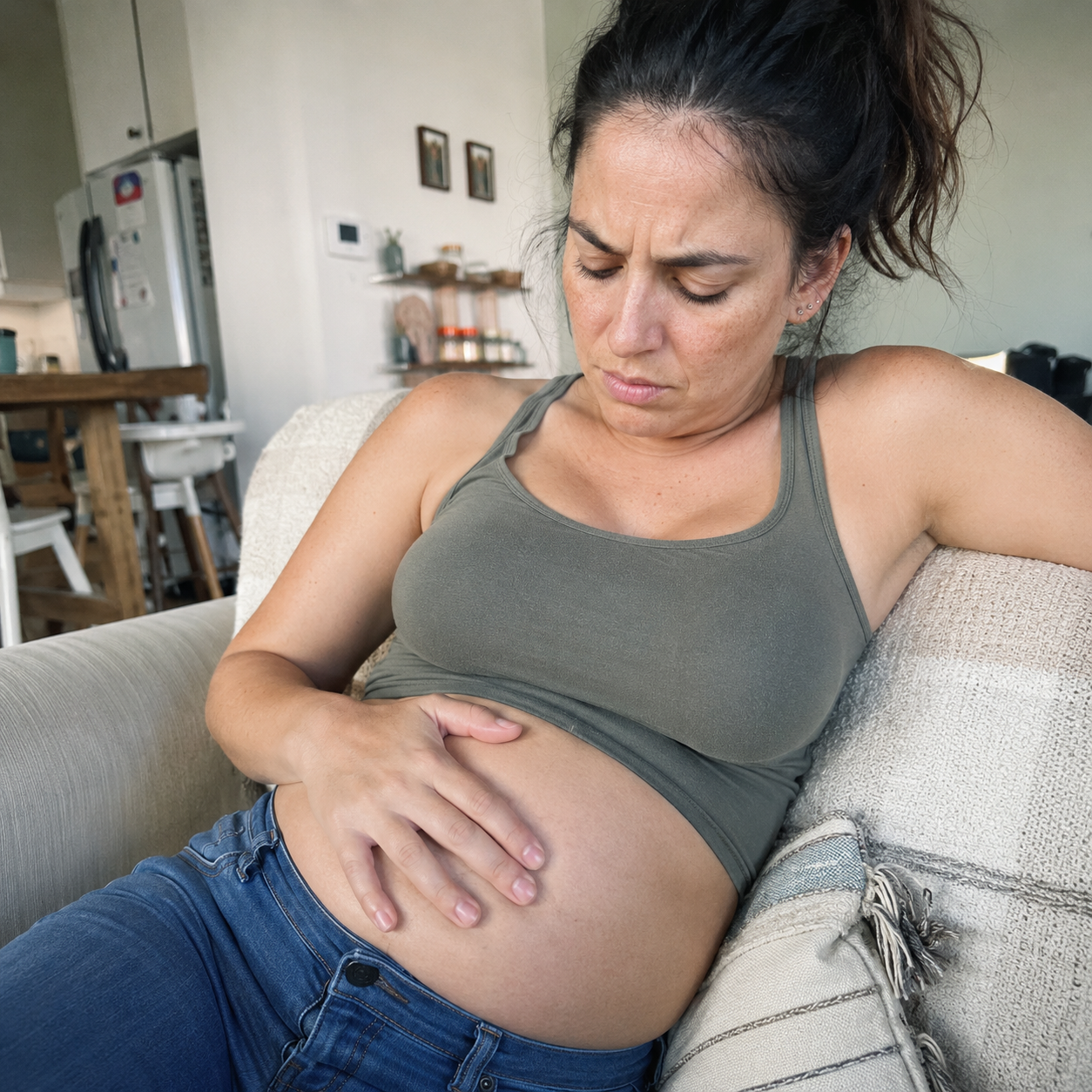 Hand on bloated stomach, tight waistband